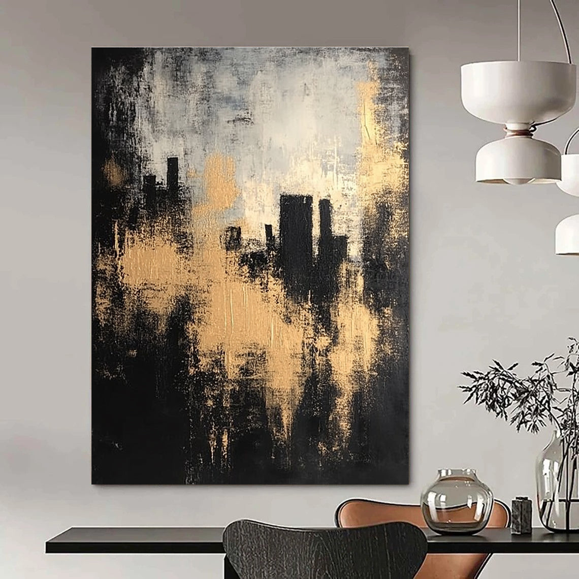 Large abstract painting featuring a black and gray background with golden highlights and silhouettes of buildings in an atmospheric, vintage style.STSC213