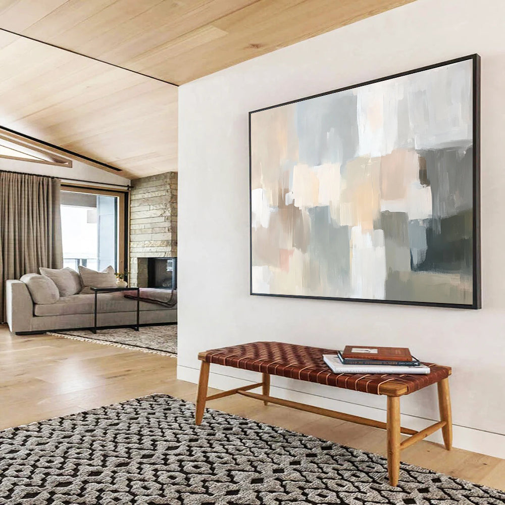 Large abstract painting in soft neutral tones featuring muted strokes of beige cream grey dusty pink pale sage green gray peach and light blue creating a serene scene.SC059