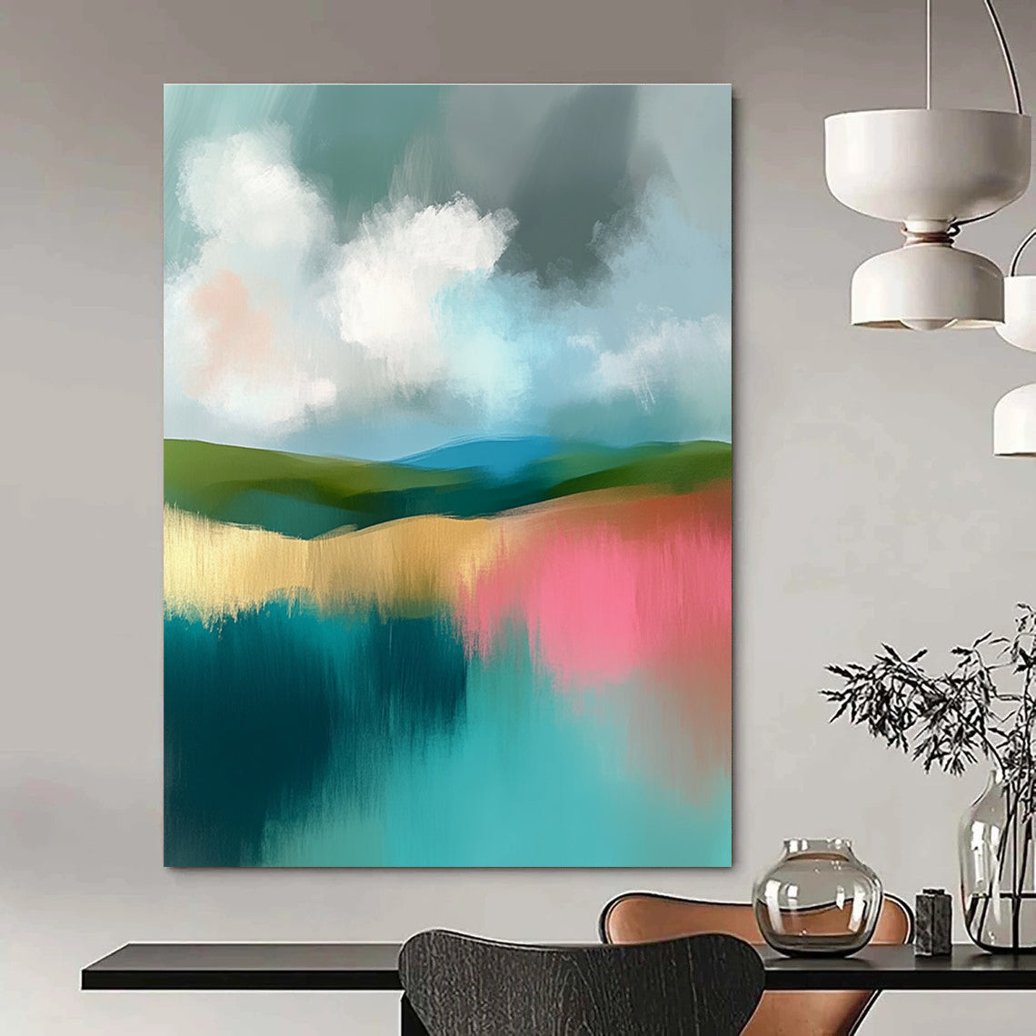 Large abstract painting featuring soft teal and pink hues with gentle clouds and muted greens in a serene landscape.STSC107