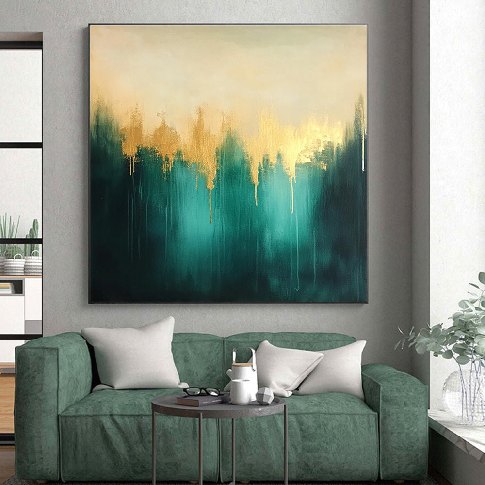 Teal and Gold Abstract Painting with Dripping Textures GER551