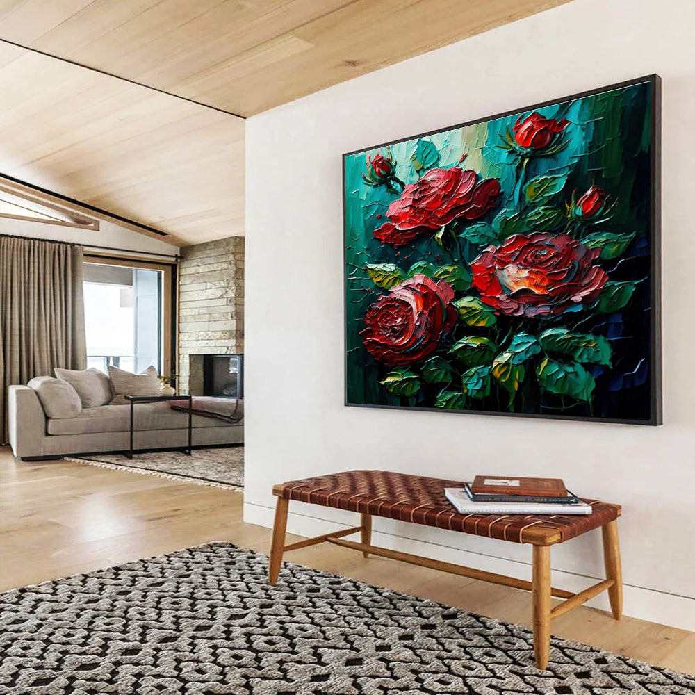 Red Rose Texture Abstract Painting with Deep Greens and Reds THY306