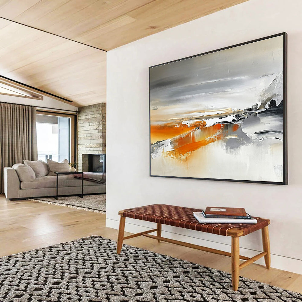 Gray and Orange Abstract Landscape Painting with Flowing Textures DYP316