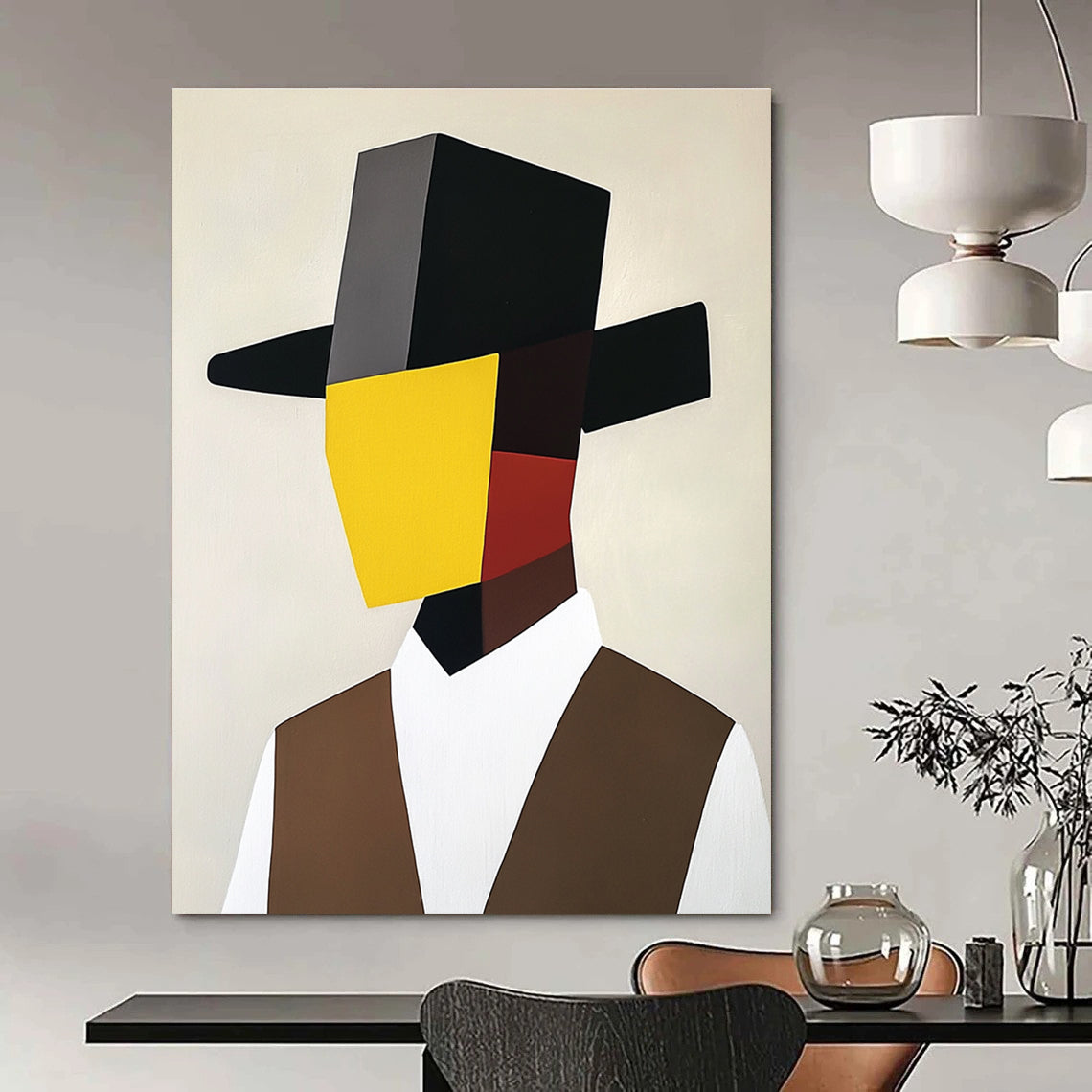 A large abstract painting featuring a minimalist cubist portrait of an Italian man in a black hat and brown vest with a yellow mask.STSC1082