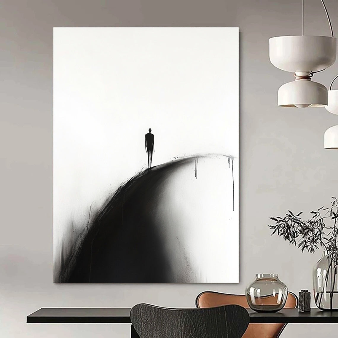 A large abstract painting featuring a silhouette of a man walking along a curved road on a white background in a minimalist style.STSC1331