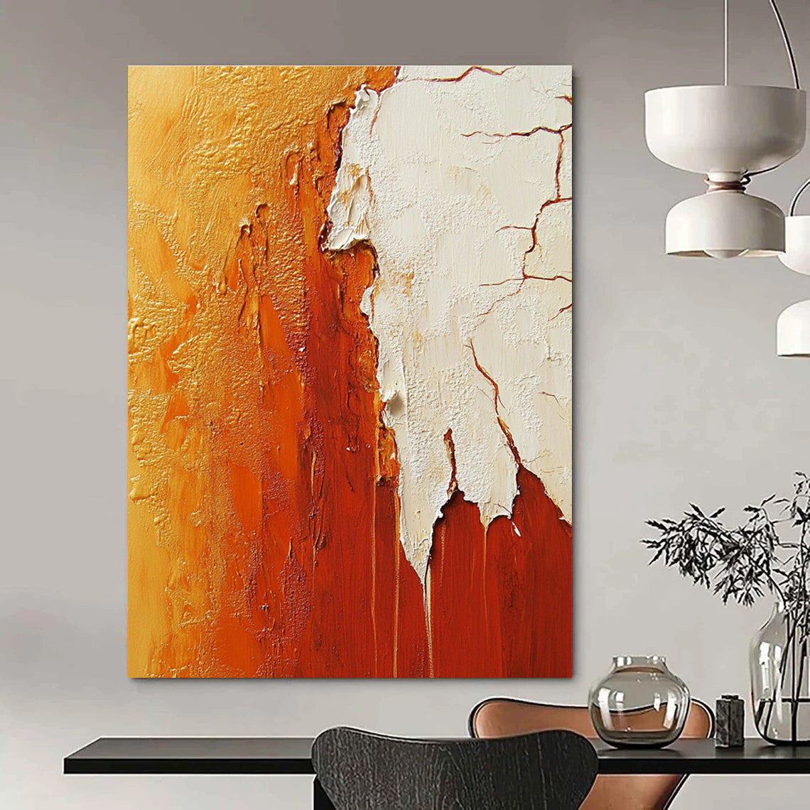 Large abstract painting featuring a red rock canyon in vibrant orange and white hues, showcasing intricate details and texture.STSC490