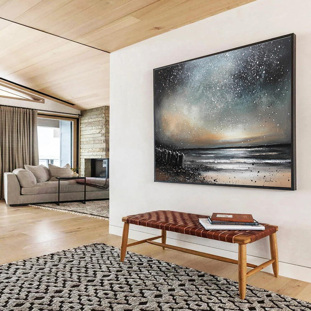 An abstract painting of a night sky over the ocean with silver and bronze stars falling like snow, crafted in oil on canvas.SC529