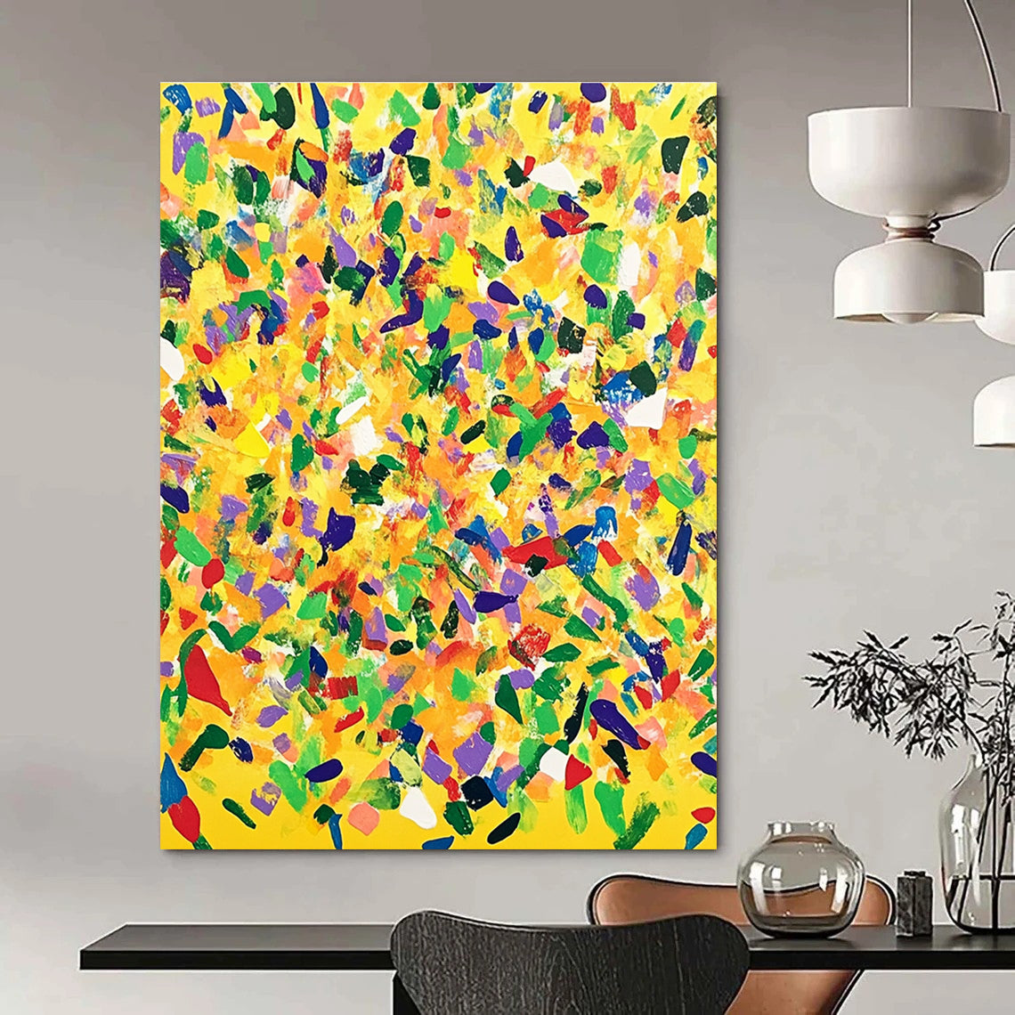 Large abstract painting with a yellow background and colorful confetti in joyful patterns, oil on canvas from the My Caverns series.STSC1269