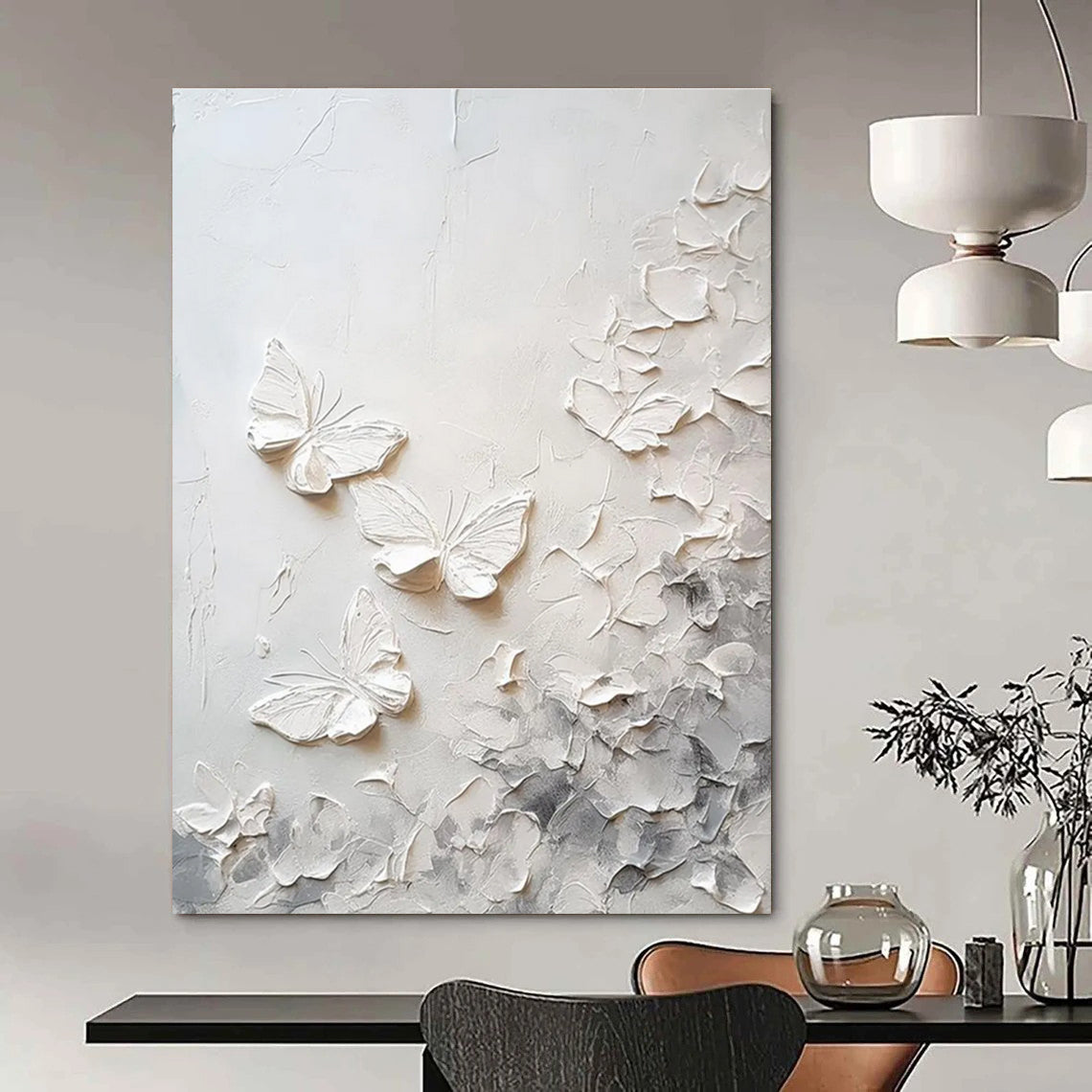 White Textured Butterflies Abstract Painting with Subtle Gray Tones ADGE448