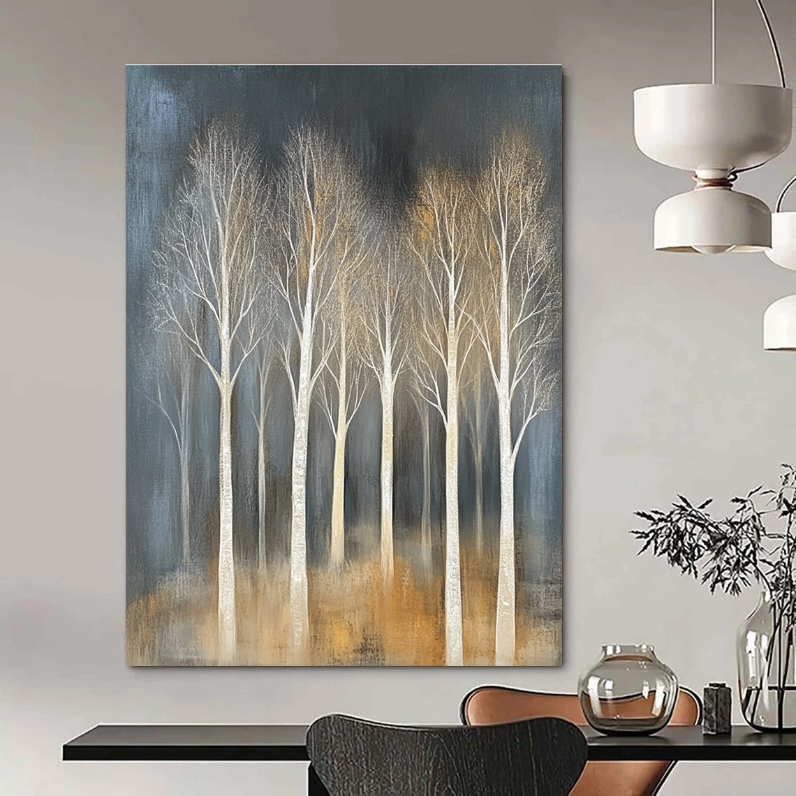 Large abstract painting featuring trees with white branches on a textured canvas in muted tones against a dark gray background.STSC353