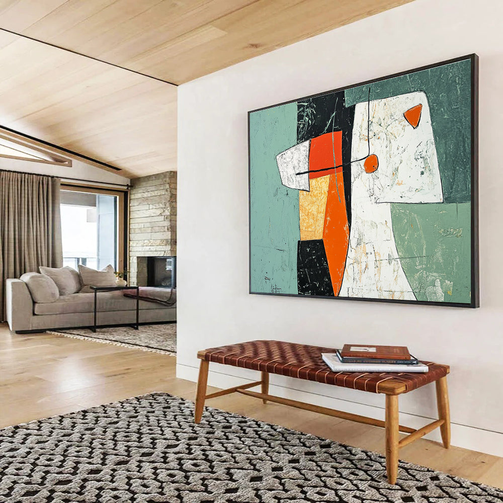 Large abstract painting featuring green orange and white shapes with black lines and a woman's figure made from paper and fabric elements.SC198
