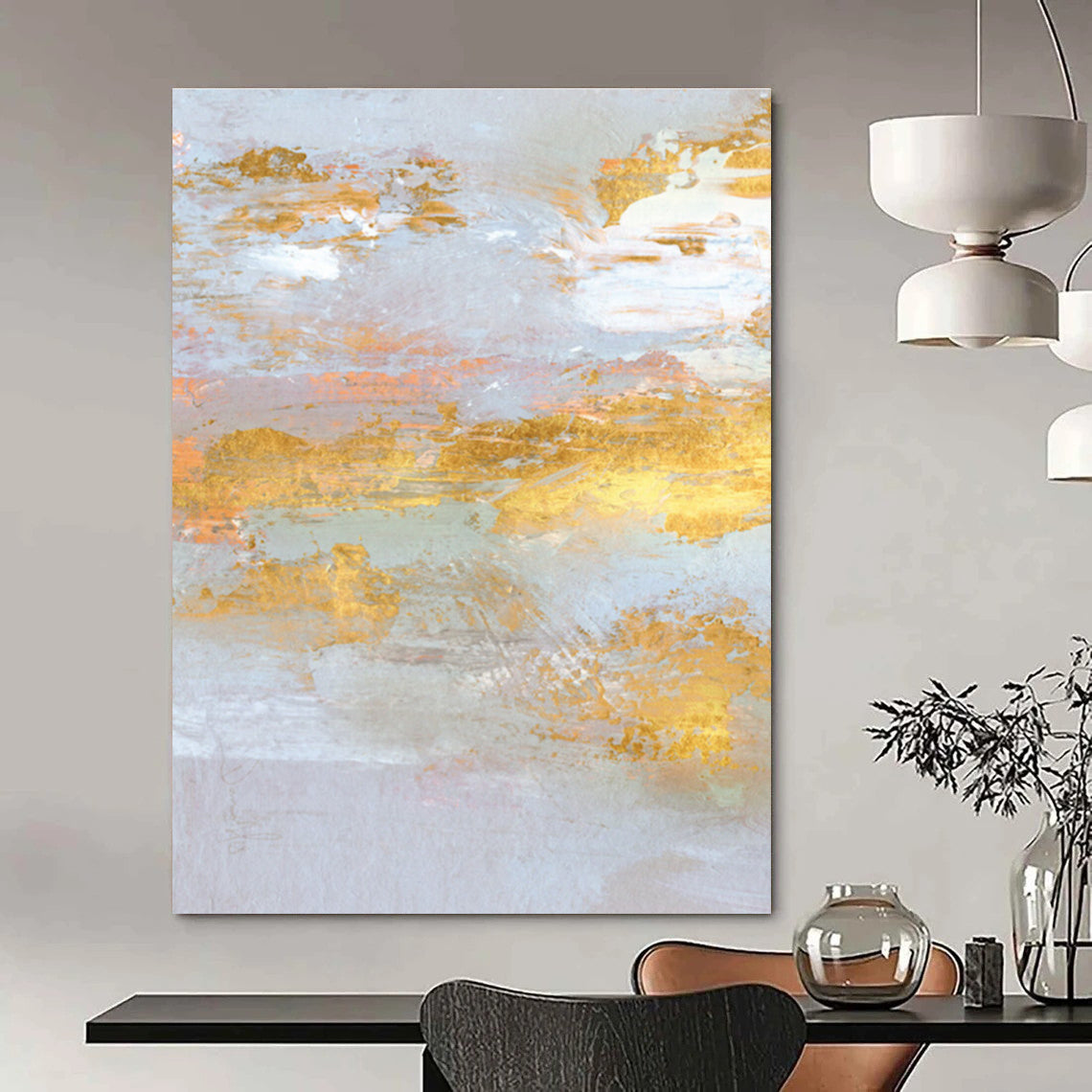 Gold and Pastel Abstract with Light Blue Background Painting ADGE159