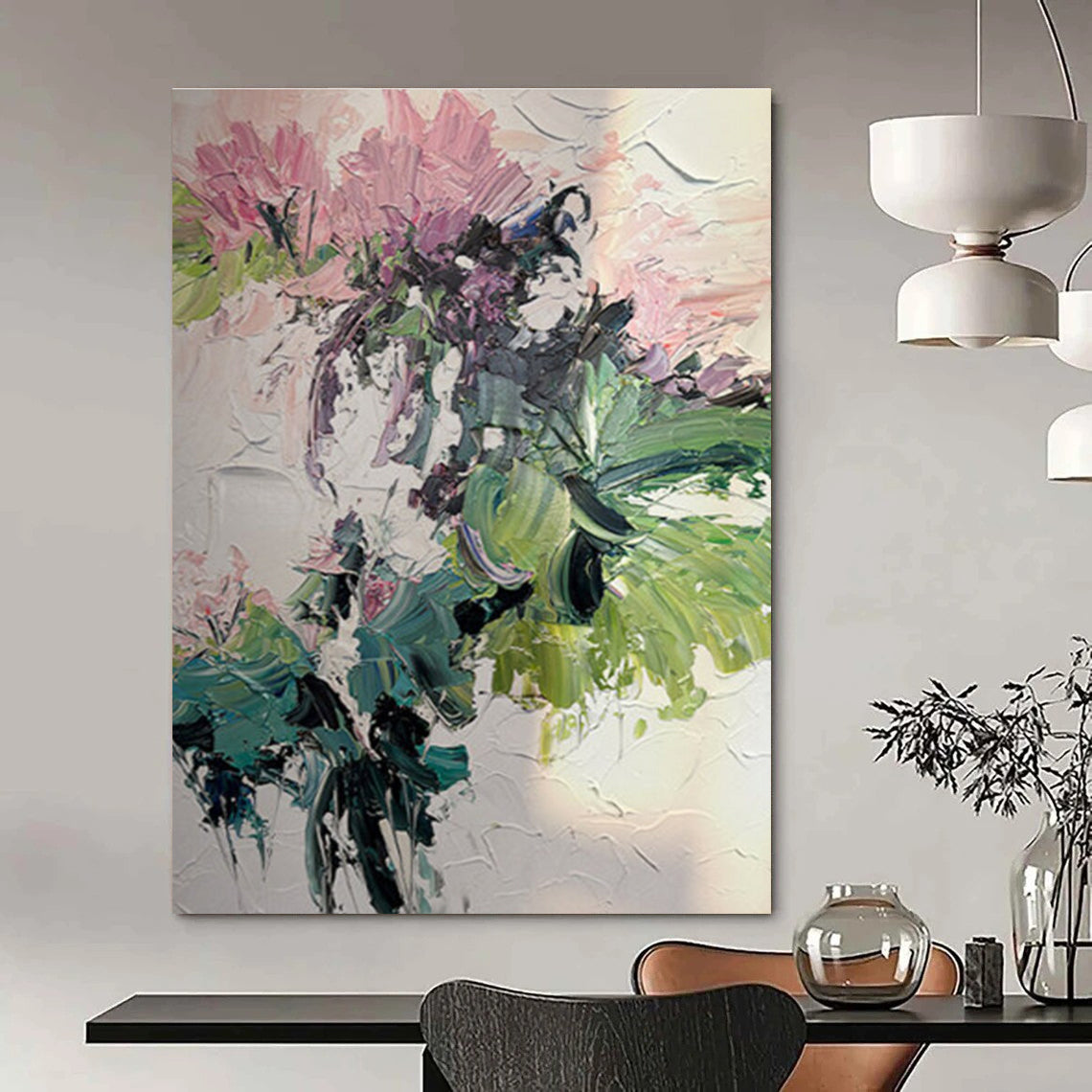 Pink Flower Abstract Oil Painting with Green Accents ADGE271