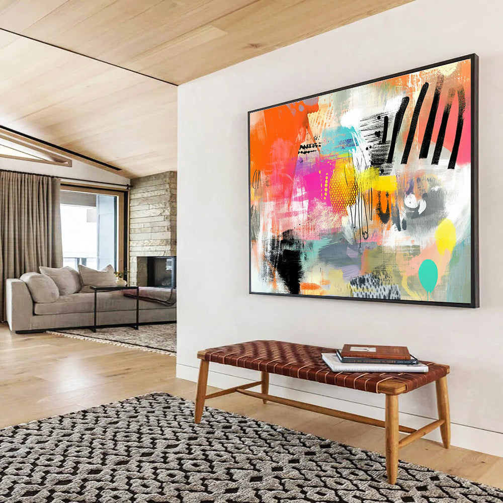 Large abstract painting featuring vibrant patterns and textures in orange pink teal yellow and black with a central blank space for customization.SC005