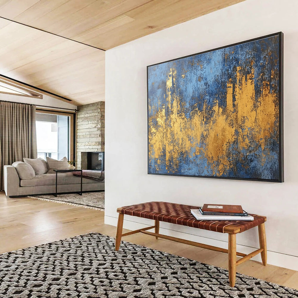 Blue and Gold Cityscape Abstract Painting with Distressed Textures DYP313