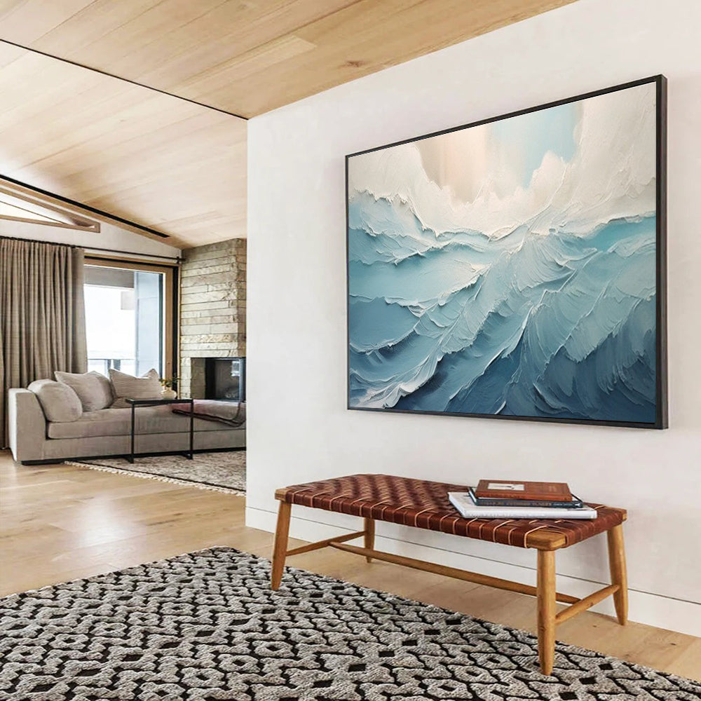 Textured Sea Waves Abstract Painting with Blue and White Tones THY227