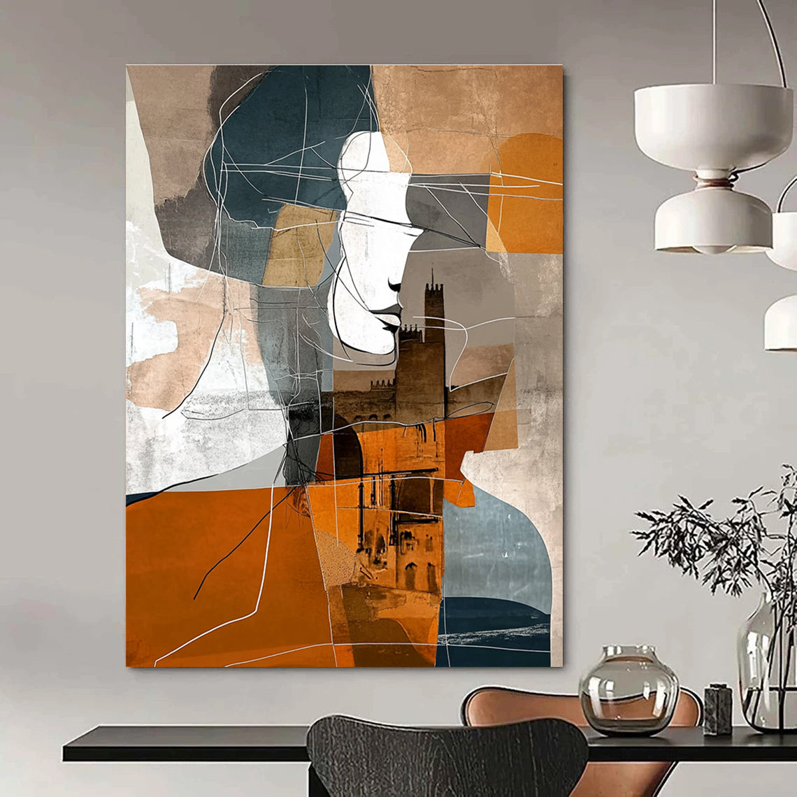 Large abstract painting featuring shapes in brown grey blue and orange with expressionist woman geometric figure and shadowed castle in Parisian urban life.STSC540