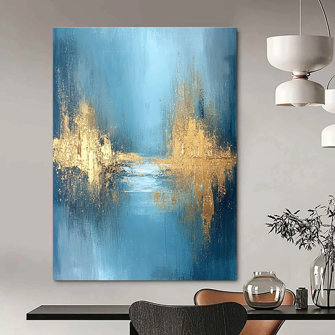 Large abstract painting featuring textured golden water and a misty morning atmosphere with blue grey and white hues for a serene mood.STSC723