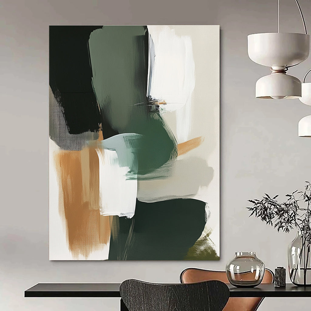 Large abstract painting featuring green grey and white tones with expressive brush strokes and organic shapes in a neutral color palette.STSC760