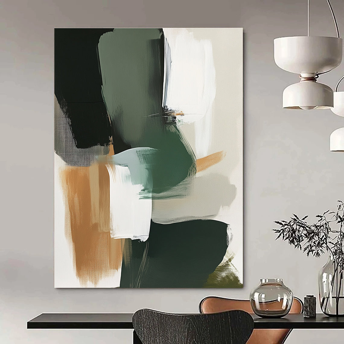 Large abstract painting featuring green grey and white tones with expressive brush strokes and organic shapes in a neutral color palette.STSC760