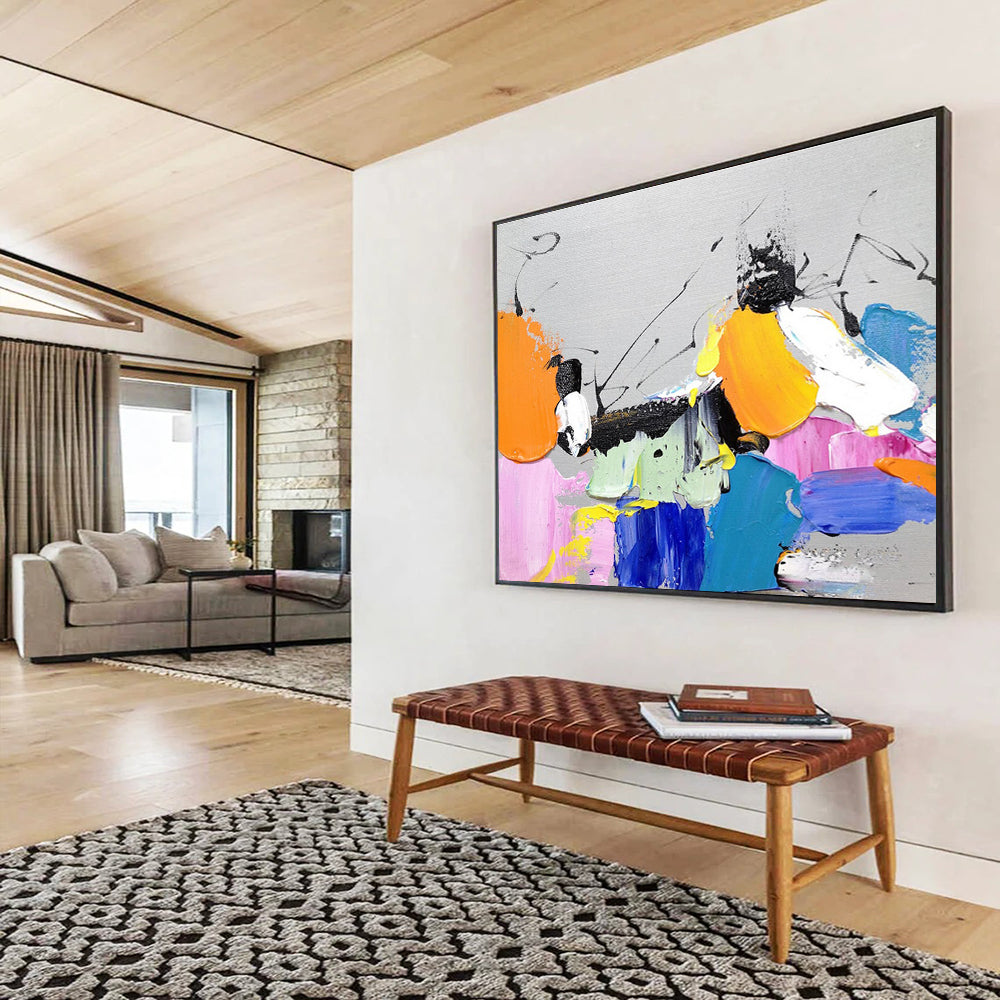 Playful Color Block Abstract Painting with Bright Hues and Black Accents THY269