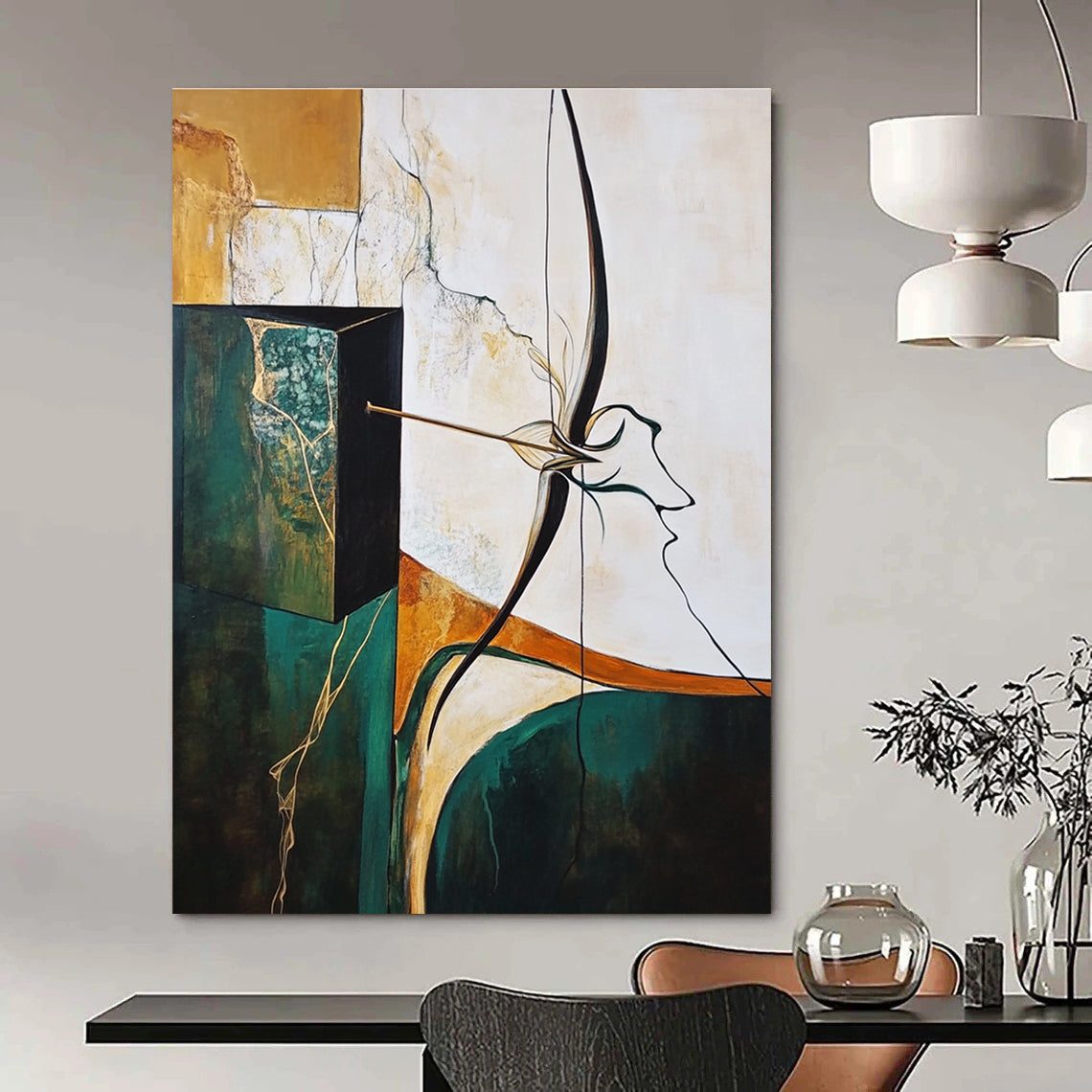 A large abstract painting featuring an archer's bow and arrow with surreal elements in earthy tones and soft pastels, emphasizing depth and texture.STSC637