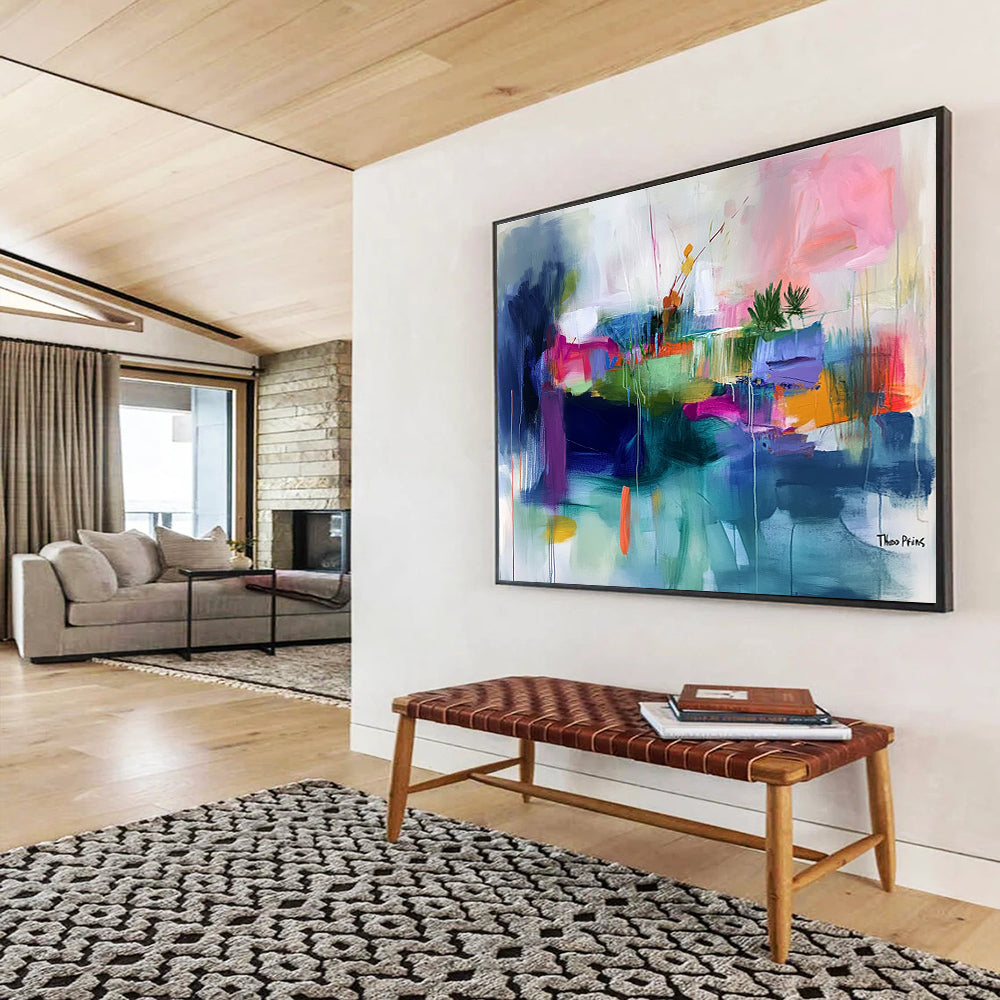 Large abstract painting featuring an island with vibrant brush strokes in pink green blue orange and more, emphasizing lively colors and fluid lines.SC372