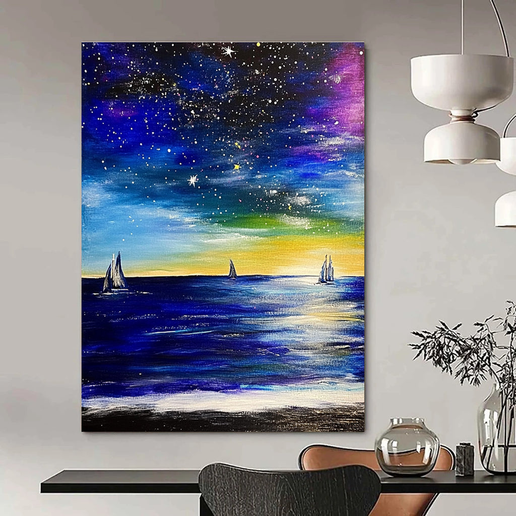 Large abstract painting depicting the ocean with sailboats and a starry sky featuring expressive brush strokes in vibrant colors.STSC851