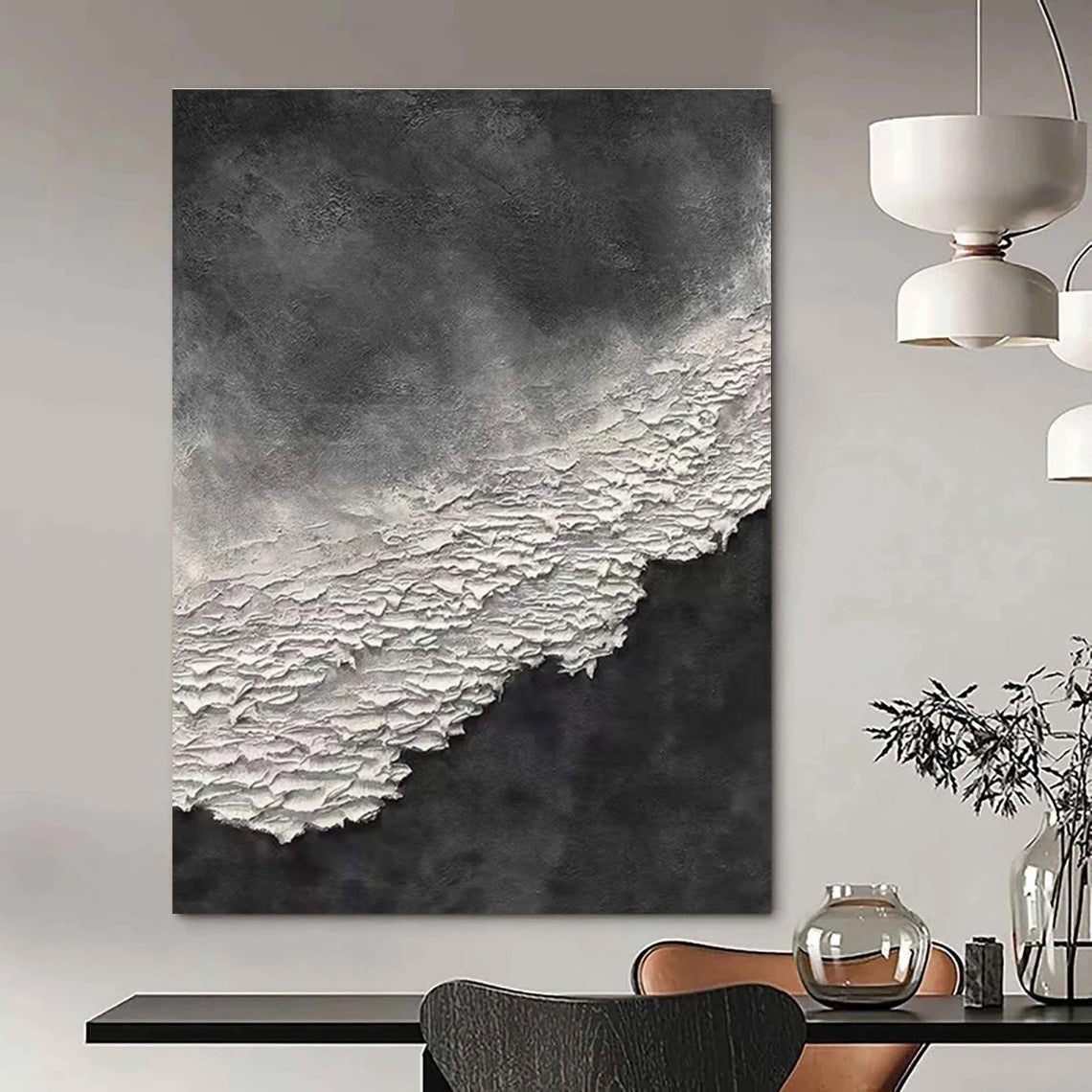 Black and White Textured Abstract Painting with Layered Effects ADGE339