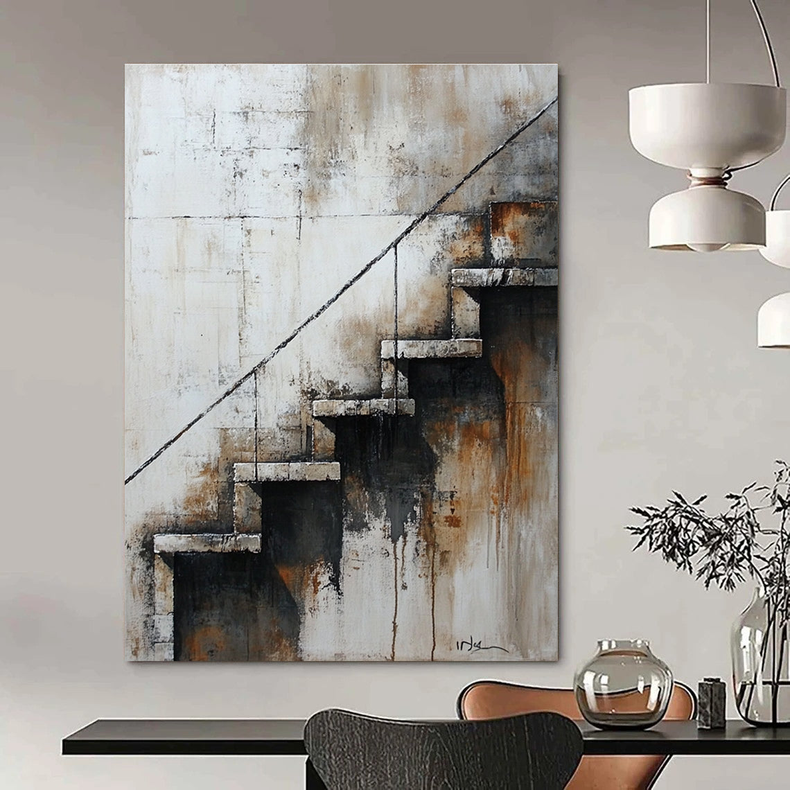 Large abstract painting of stairs in neutral tones featuring aged textures muted palette and nostalgic urban atmosphere.STSC194