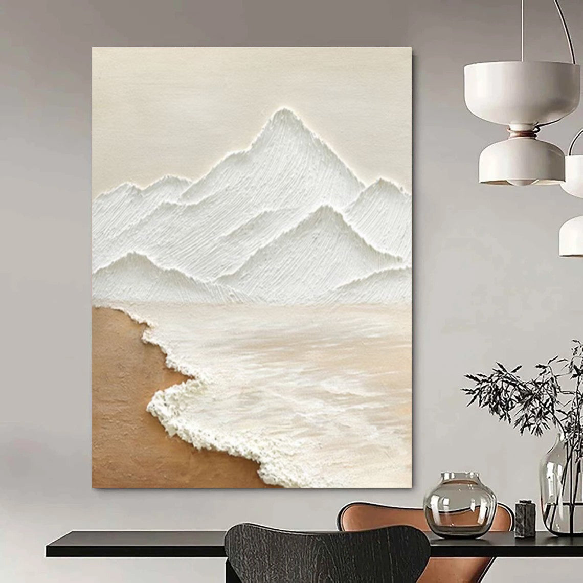 Textured Mountain and Sea Abstract Painting in White and Beige ADGE273