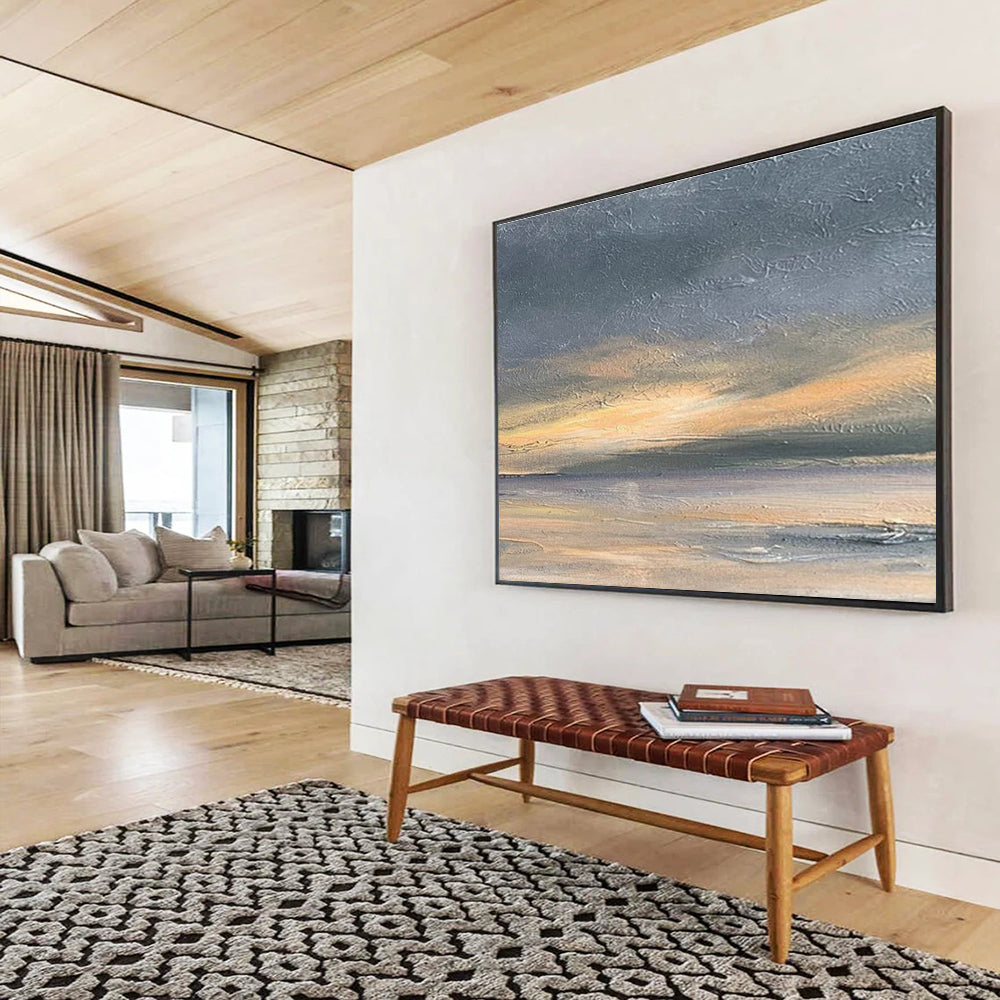 Textured Grey Orange Sea Sunset Abstract Painting THY016