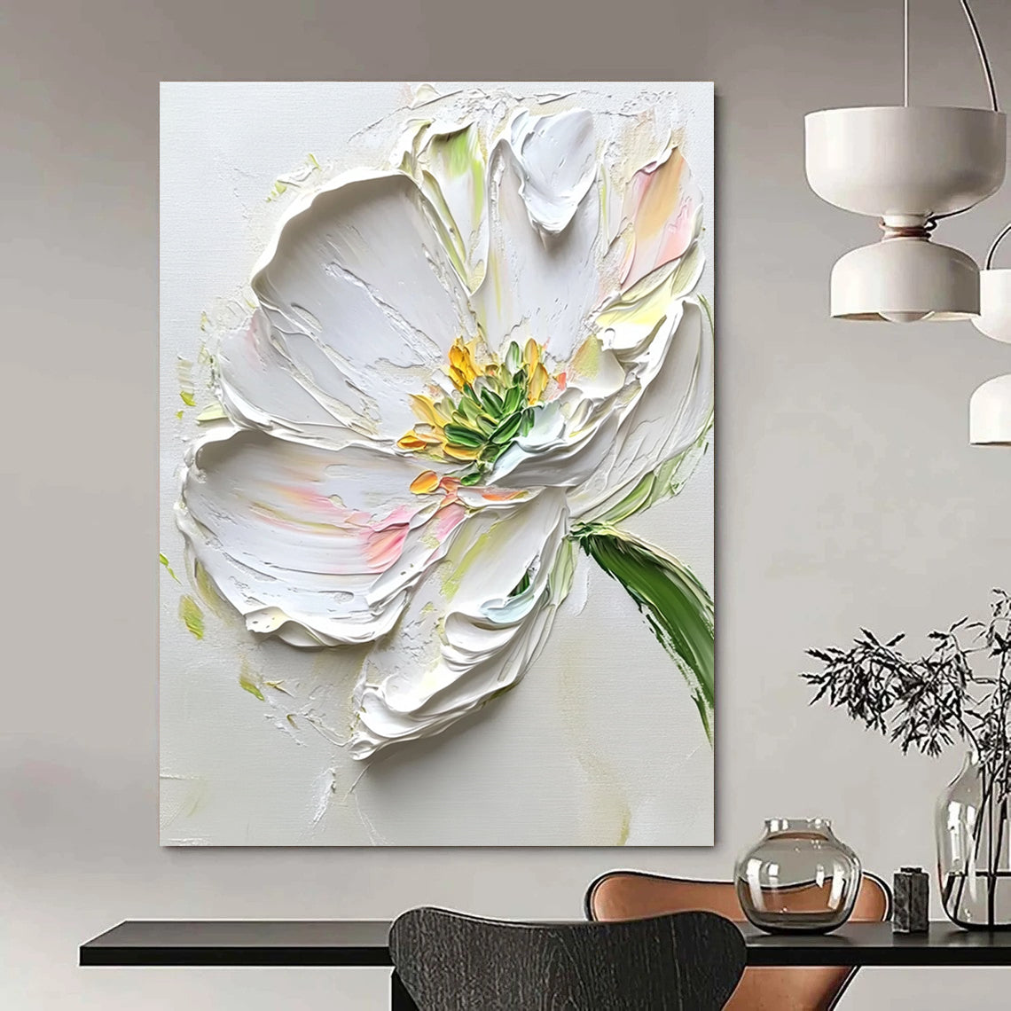 Abstract painting featuring white flowers with green leaves on a light gray background showcasing elegant brush strokes and beautiful accents.STSC1482