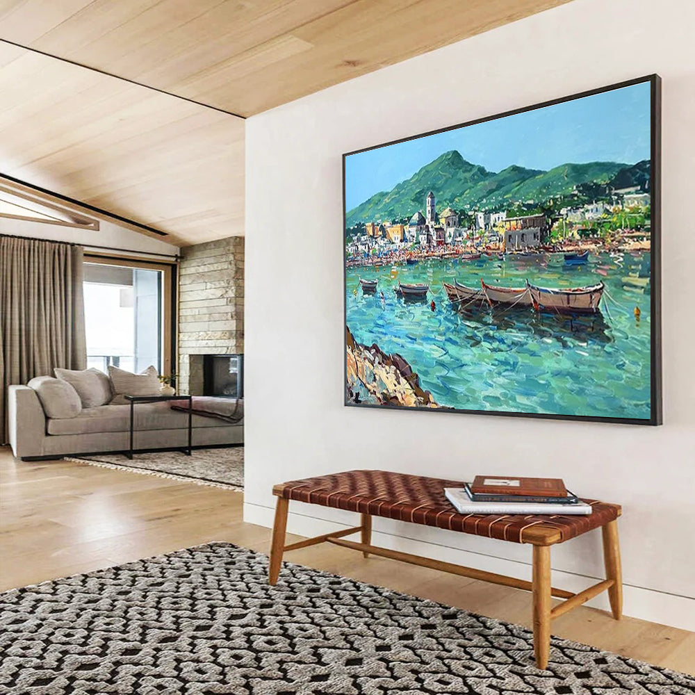 Blue Green Coastal Village Abstract Painting THY467