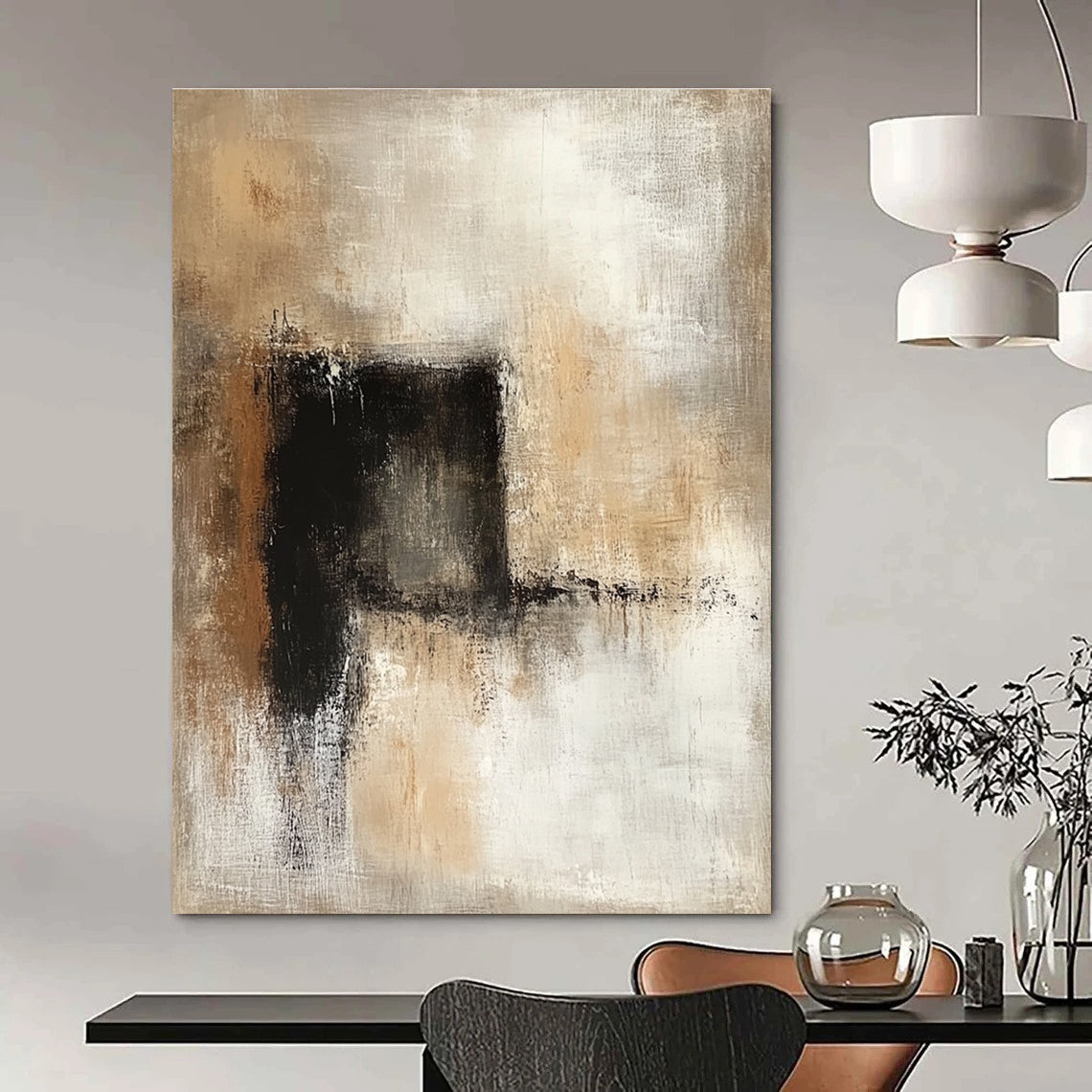 Large abstract painting featuring neutral tones in beige and brown, creating a calming and sophisticated atmosphere for any space.STSC780