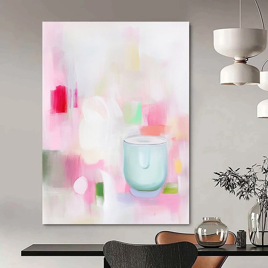 A soft abstract painting in pink and white shapes with green and red hints featuring a minimalist light blue glass blender conveying calmness and simplicity.STSC1200