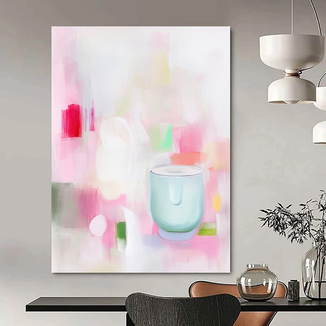 A soft abstract painting in pink and white shapes with green and red hints featuring a minimalist light blue glass blender conveying calmness and simplicity.STSC1200