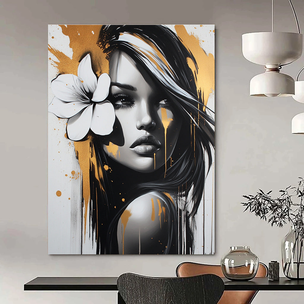 A stunning abstract painting featuring a beautiful woman with a white flower in her hair adorned with gold and silver paint splatters in FyaBeats style.STSC904