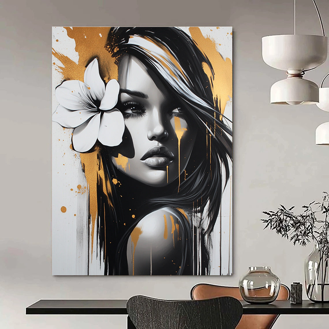 A stunning abstract painting featuring a beautiful woman with a white flower in her hair adorned with gold and silver paint splatters in FyaBeats style.STSC904