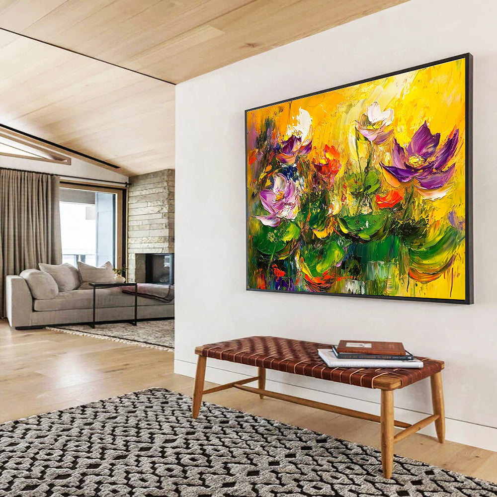 Large abstract painting featuring lotus flowers in green and purple on a yellow background with thick brush strokes and vibrant colors.SC195