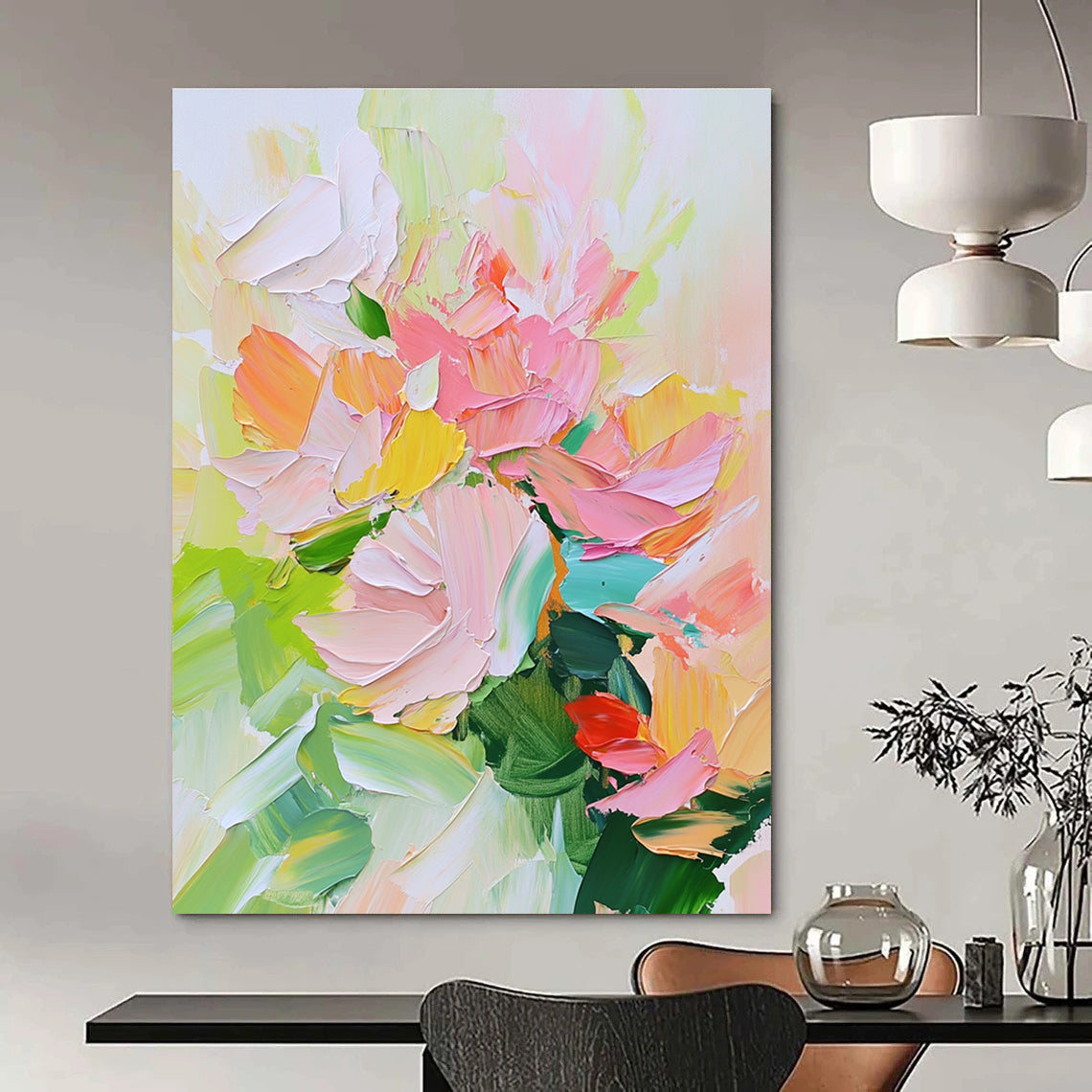 Large abstract painting of spring flowers in soft pastel colors with thick palette knife strokes of pink and green.STSC700