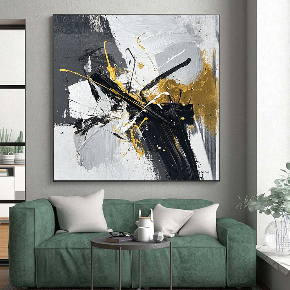 Black Gray White and Gold Abstract Painting with Dynamic Brushstrokes GER020