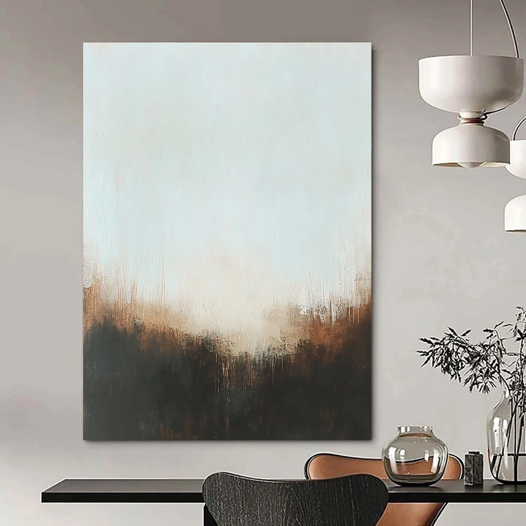 Large abstract painting with muted colors and soft edges featuring a foggy atmosphere and hints of gold accents in a low-key lighting.STSC099