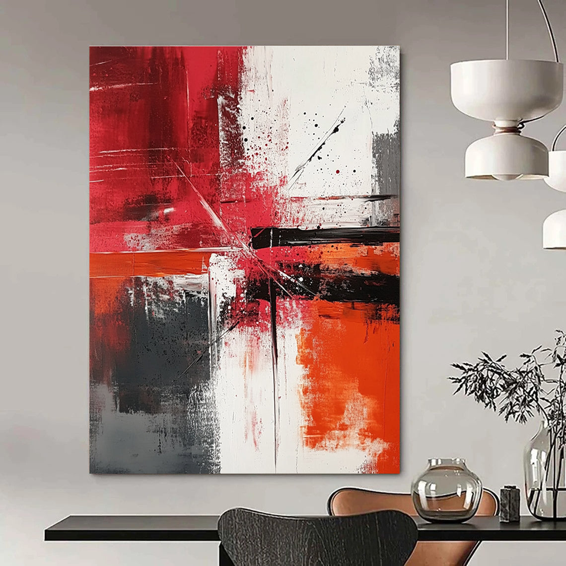 Large abstract painting featuring dynamic brush strokes and color splashes in reds whites and greys creating a sense of movement and harmony.STSC1357