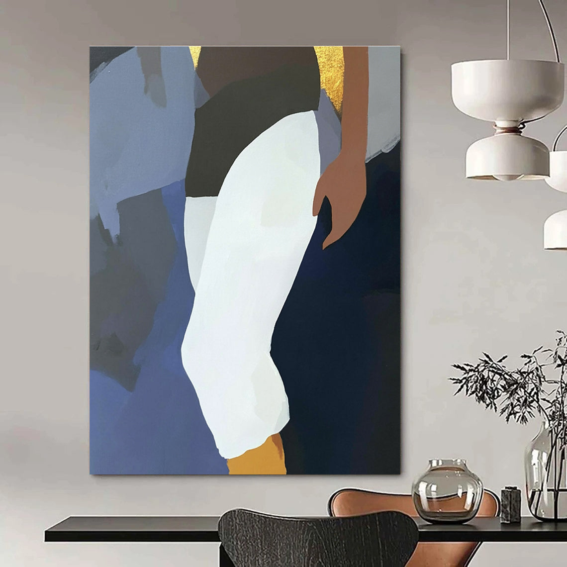 Large abstract painting featuring a fluid design with a dark blue background elegant Devanagari lettering and an anime character in white pants and black socks.STSC936