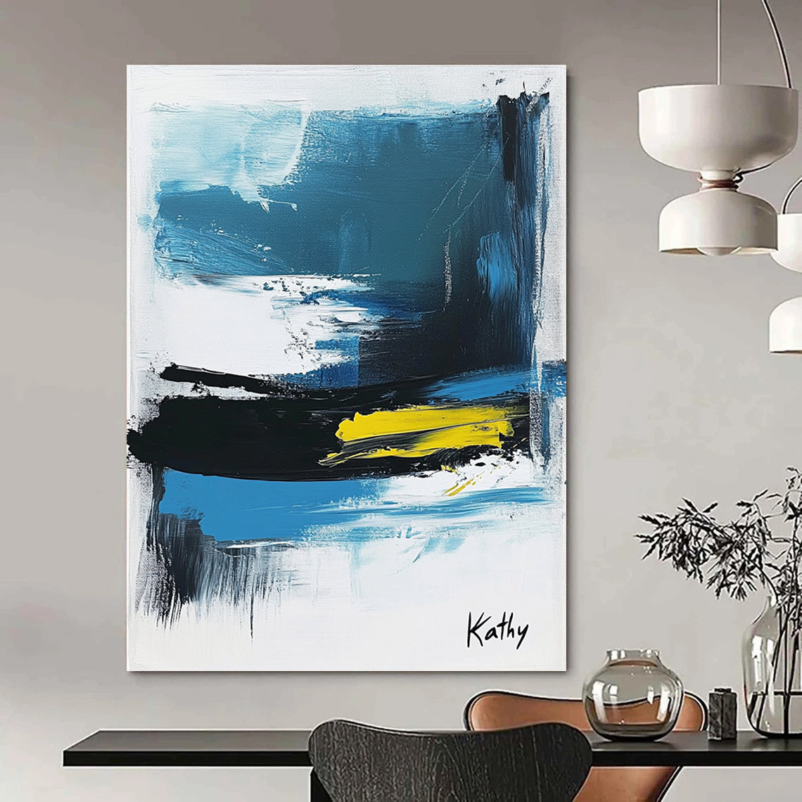 Large abstract painting of the sea featuring blue black and white brush strokes with yellow accents signed by Kathy.STSC1423
