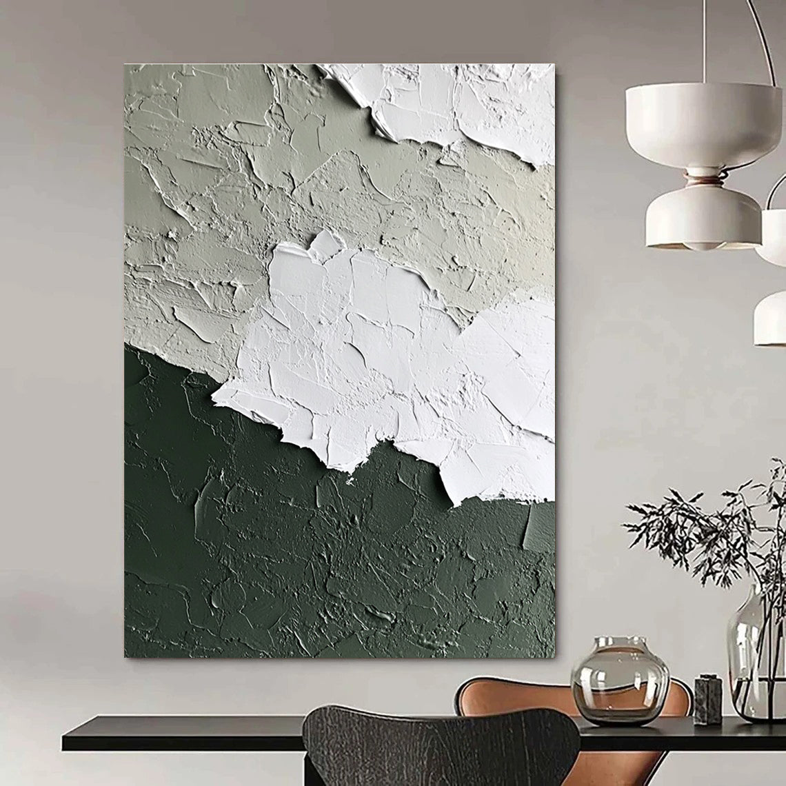 Abstract wall art in a white and sage green palette featuring a textured paint finish for a contemporary and elegant aesthetic.STSC132