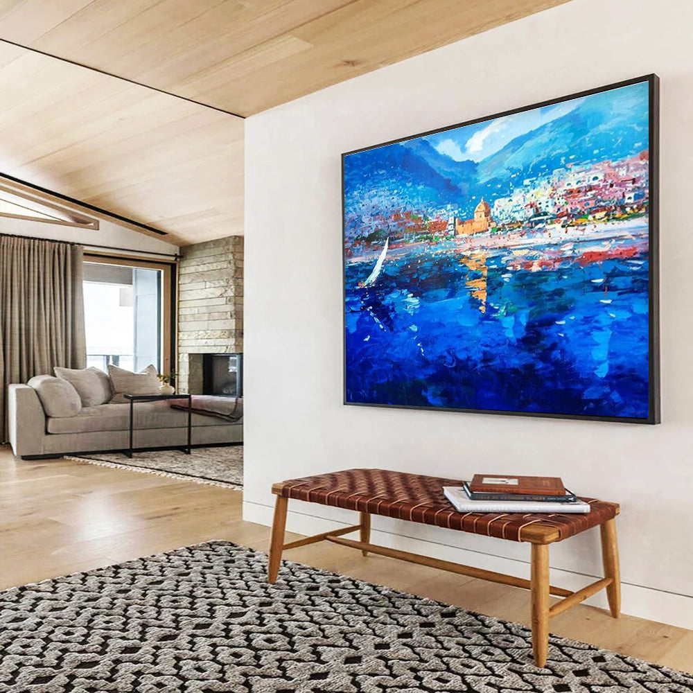 Blue Coastal Town Sailboat Abstract Painting THY481