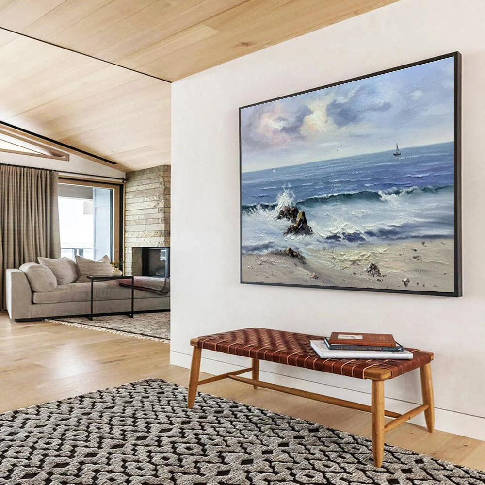 Seaside Wave Abstract Painting with Blue, White, and Grey Tones THY190