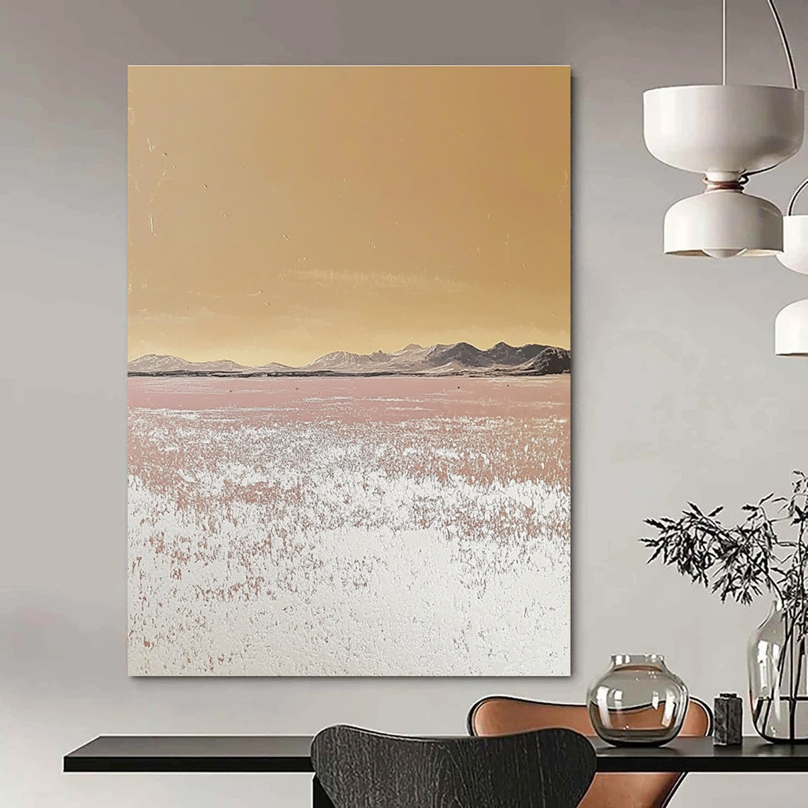 Large abstract painting depicting a serene desert landscape with pastel tones and a textured surface showcasing an endless sea of salt crystals.STSC979