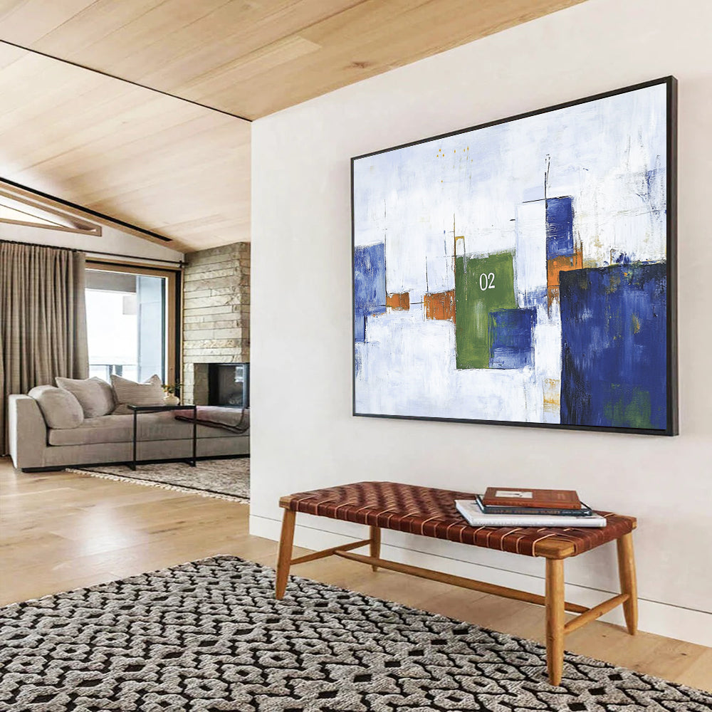Geometric Numbered Abstract Painting with Blue Green and Orange DYP323
